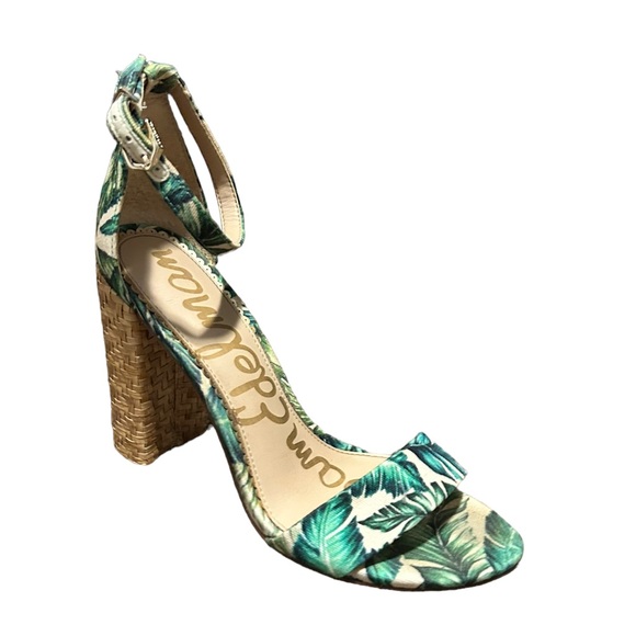 SAM EDELMAN Women's Cream & Green Leaf Print Tropical Open Toe Block Heel-Sz 8.5 - Picture 2 of 14